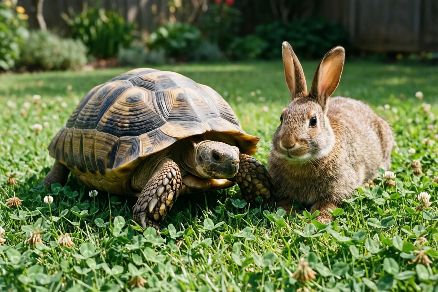 Een landschildpad en een konijn zitten naast elkaar op een groen gazon met klaver in helder, natuurlijk licht.