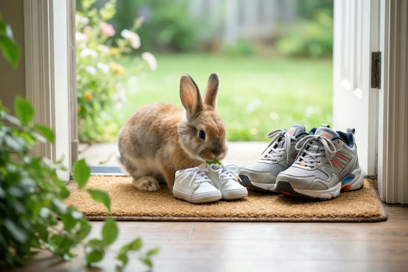 Een klein bruin konijn knabbelt aan de veters van witte babyschoentjes op een deurmat naast grotere grijze sportschoenen, bij een deuropening met een onscherpe tuin buiten.