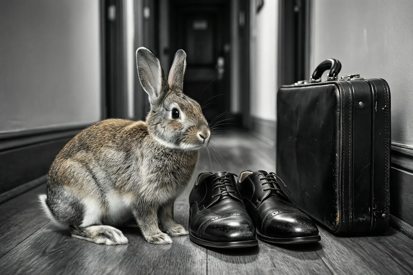 Een konijn zit op een houten vloer in een gang naast zwarte leren schoenen en een zwarte aktetas, in een grotendeels zwart-wit beeld met kleuraccenten.