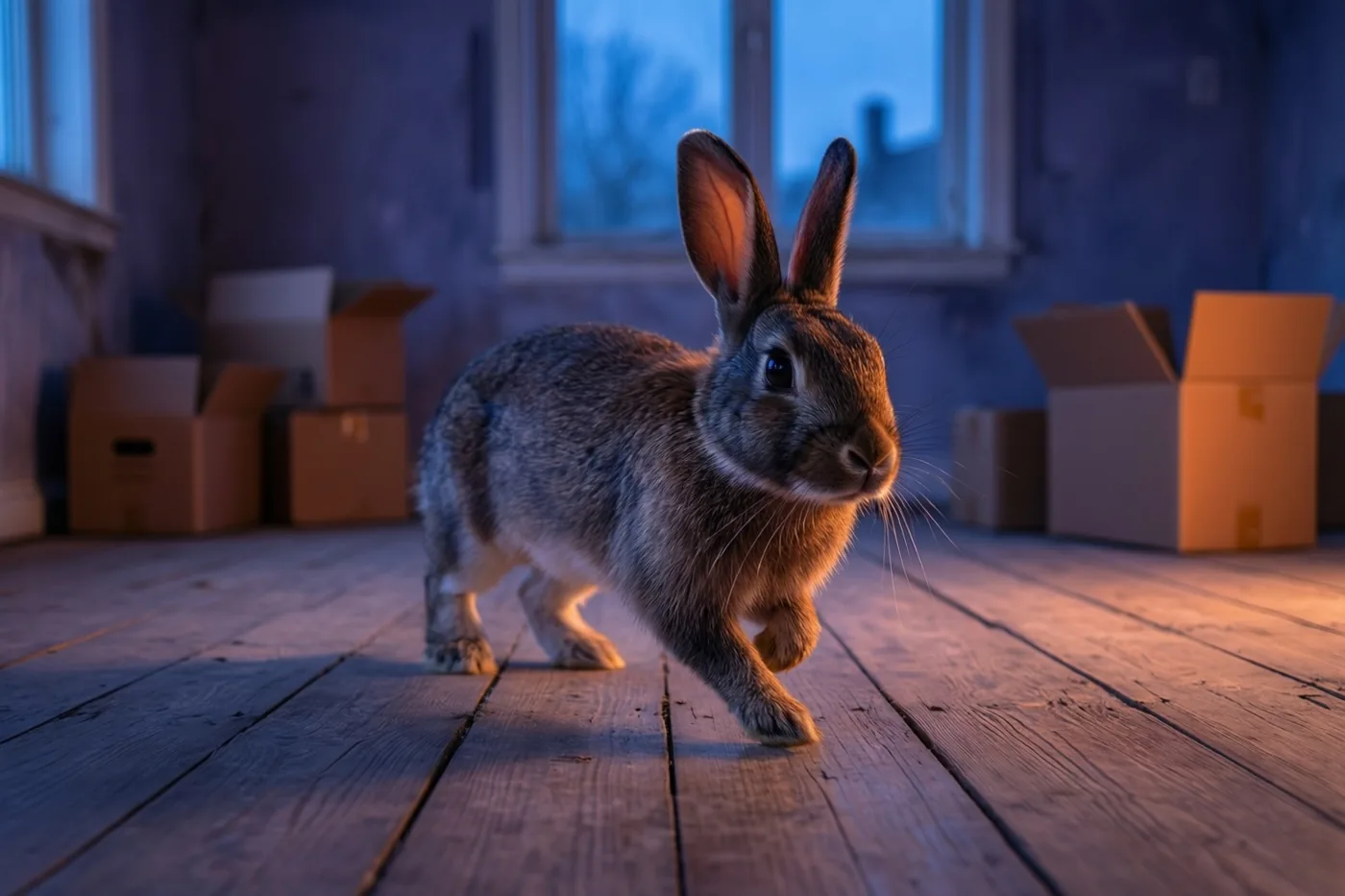 Een bruin konijn huppelt over een kale houten vloer in een lege kamer, met warm licht en koel blauw licht vanuit de ramen op de achtergrond.