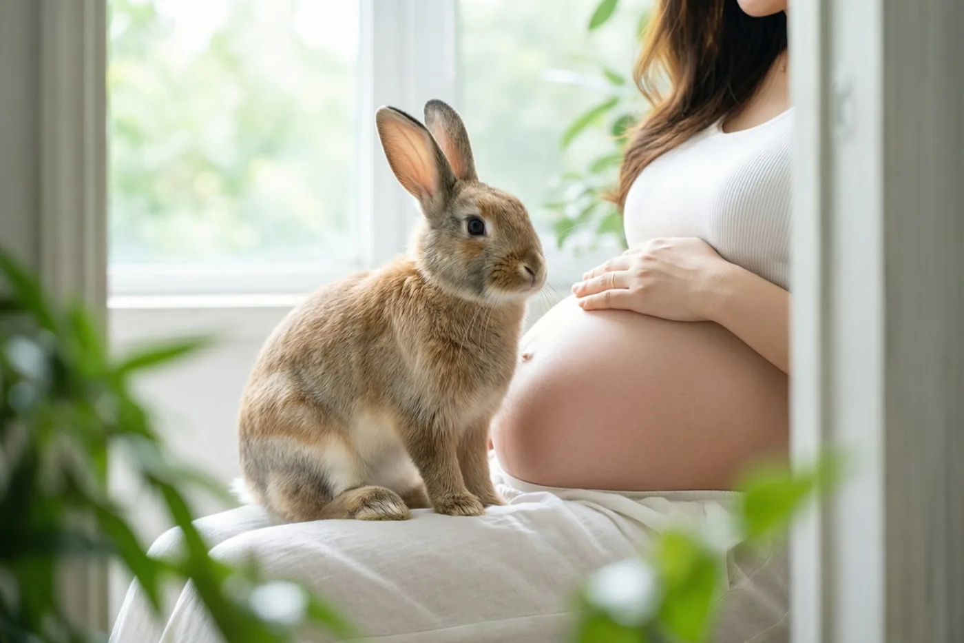 Een bruin konijn zit op de schoot van een zwangere vrouw die haar hand op haar ronde buik legt, met zacht raamlicht en groene planten rondom.