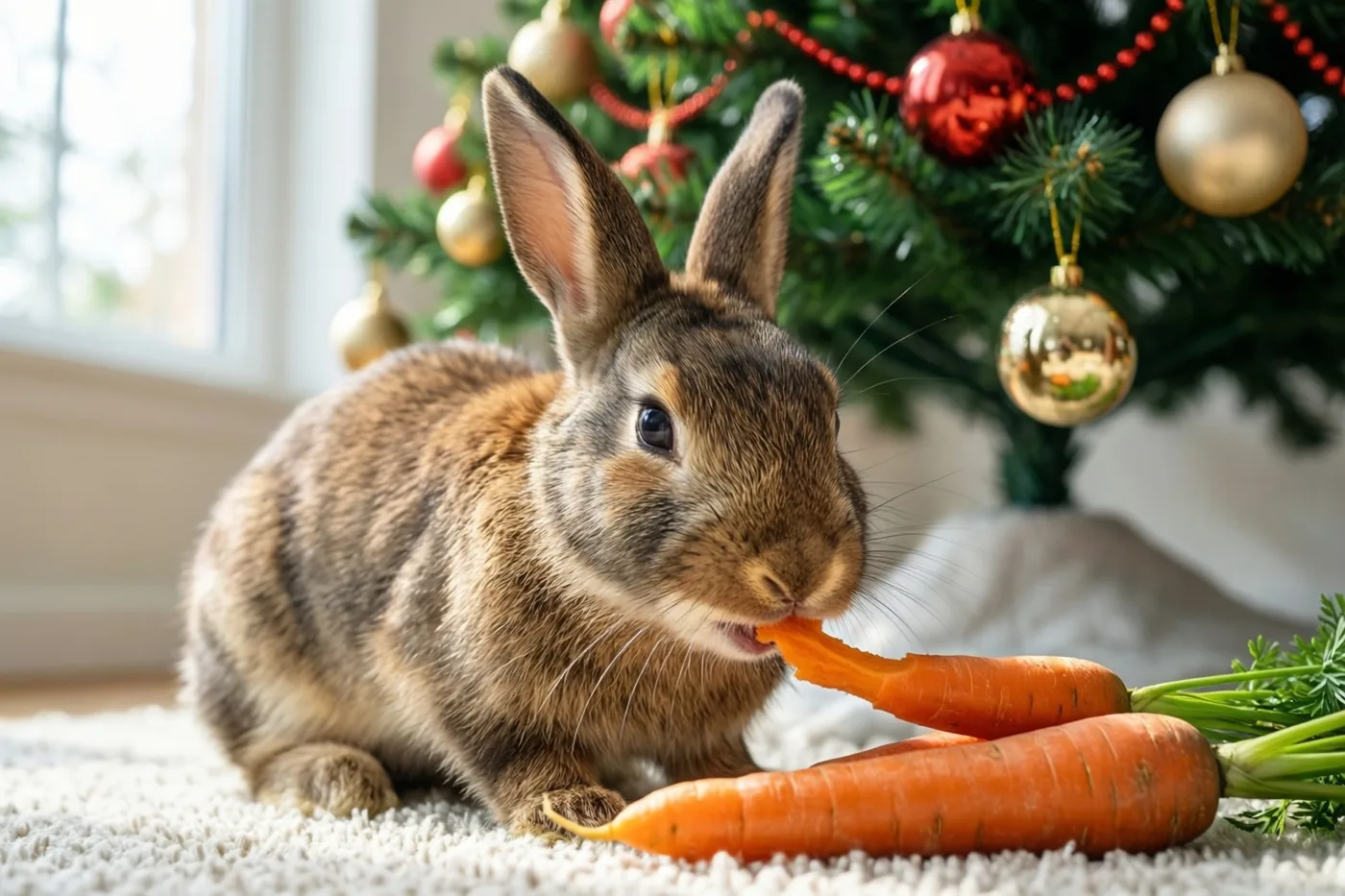 Een bruin konijn knabbelt aan een wortel op een wit tapijt onder een kerstboom met rode en gouden versiering, in een woonkamer met daglicht vanuit een raam.