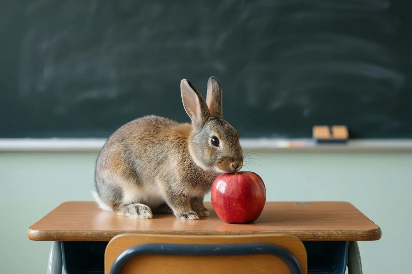 Een bruin konijn zit op een houten schoolbank en snuffelt aan een glanzende rode appel, voor een schoon schoolbord en een lichtgroene muur.