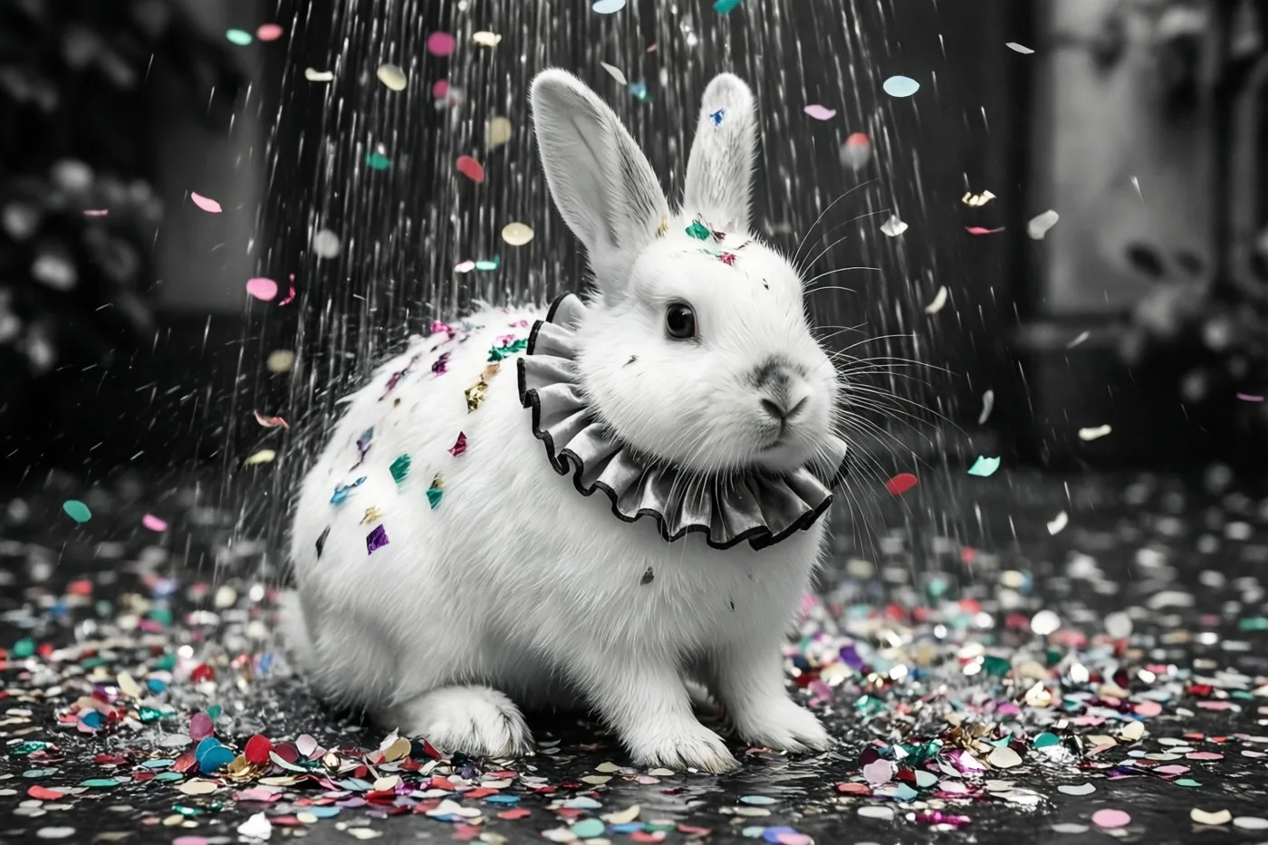 Een wit konijn met een rucheskraag zit tussen vallende en verspreide kleurrijke confetti tegen een donkere, wazige achtergrond.
