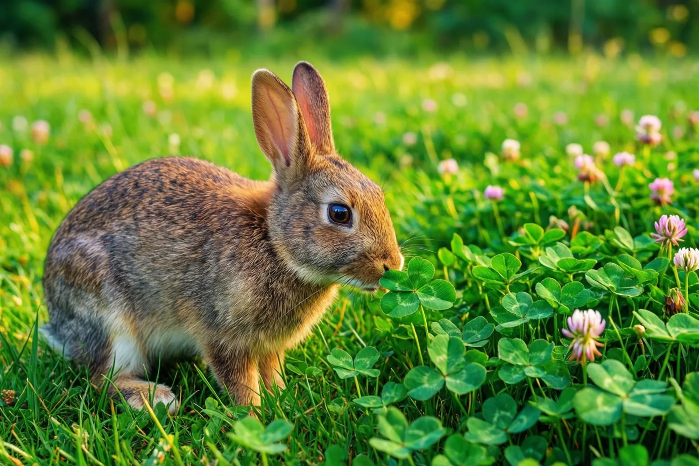 Een bruin konijn snuffelt aan een klavertjevier in een zonnig groen grasveld met roze klaverbloemen.