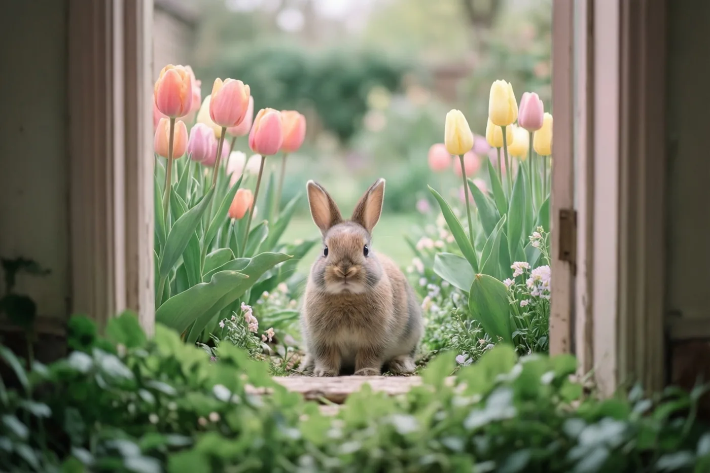 Door een open raam is een klein bruin konijn te zien tussen roze en gele tulpen in zacht daglicht.