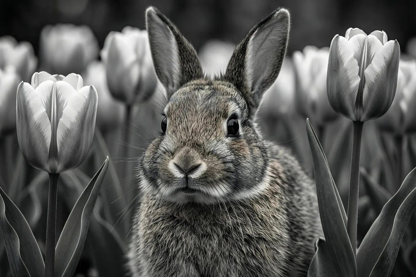 Een zwart-witfoto toont van dichtbij een klein konijn met rechtopstaande oren en donkere ogen tussen tulpen in een tuin.