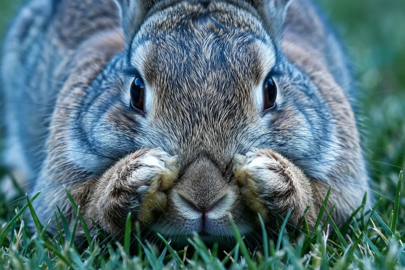 Een bruingrijs konijn ligt in groen gras en verbergt in close-up zijn gezicht achter zijn voorpoten.