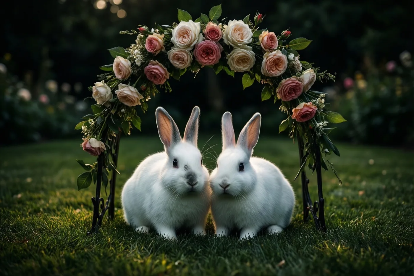 Twee witte konijnen zitten naast elkaar op groen gras onder een kleine bloemenboog met roze en crèmekleurige rozen in zacht licht.