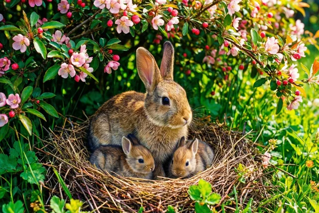 Mama konijn tussen de bloesems