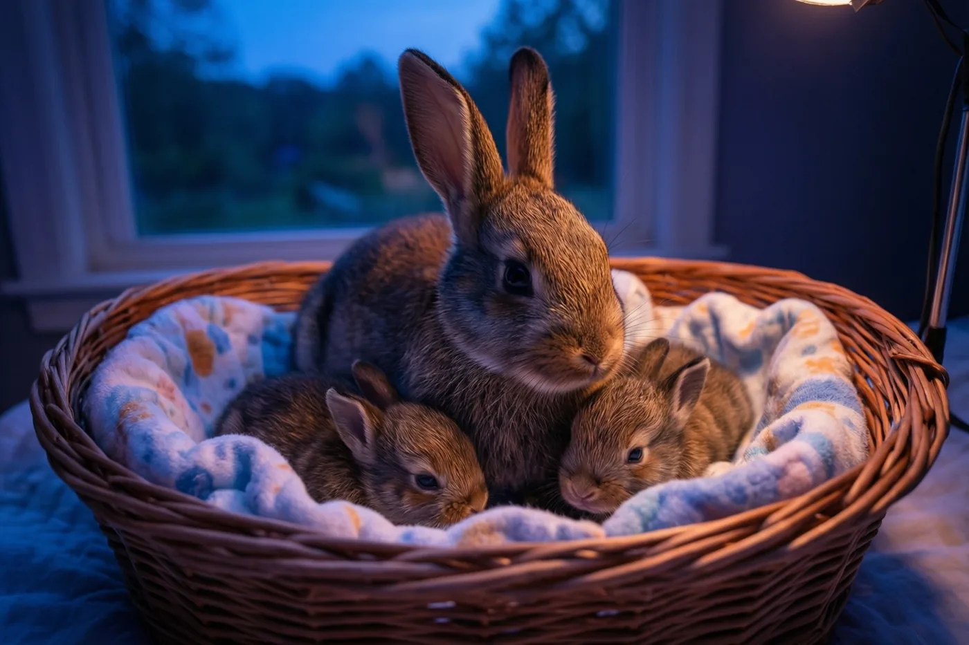 Een moederkonijn ligt met twee pasgeboren jongen in een rieten mand met een zachte babydeken, binnen bij een raam in de schemering en in warm licht.