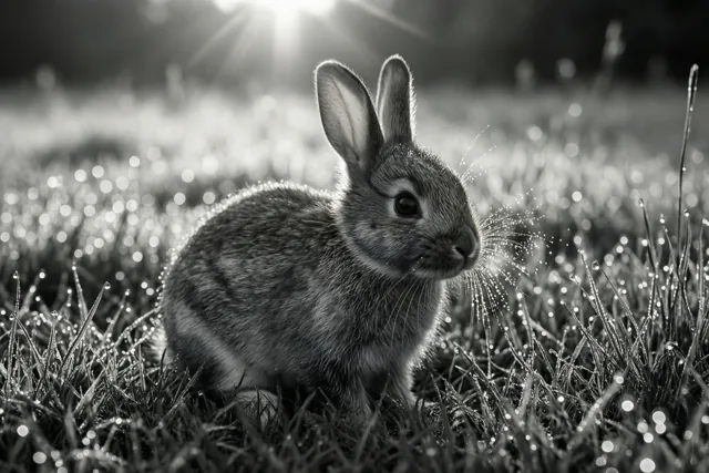 Op deze zwart-witfoto zit een jong konijntje in gras vol dauwdruppels, verlicht door de opkomende zon.