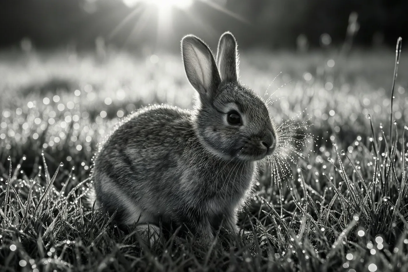 Op deze zwart-witfoto zit een jong konijntje in gras vol dauwdruppels, verlicht door de opkomende zon.