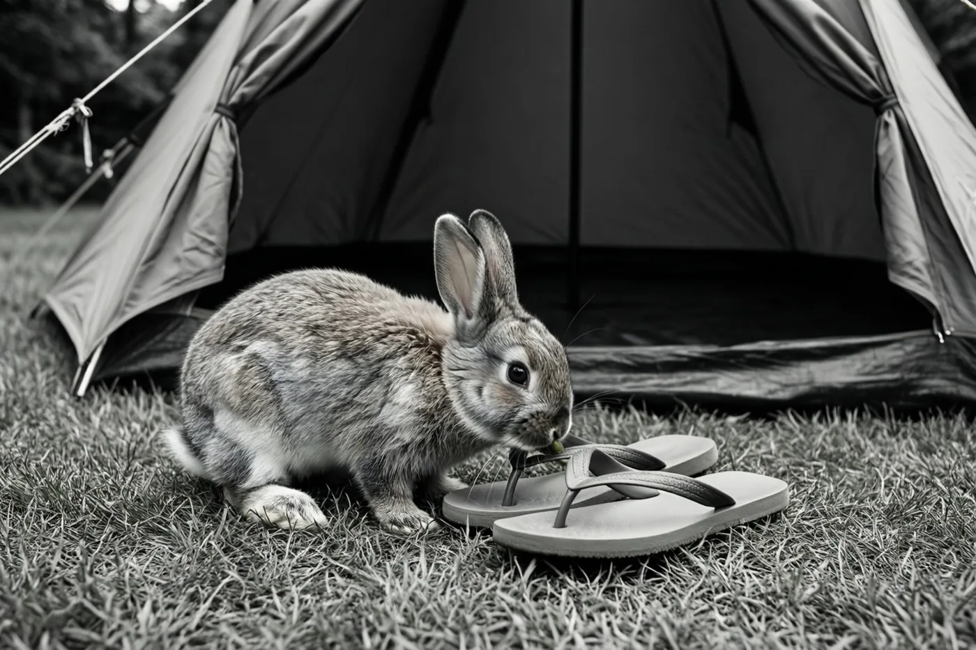 Op een zwart-witfoto snuffelt een klein konijn aan een paar teenslippers op het gras voor een tent.