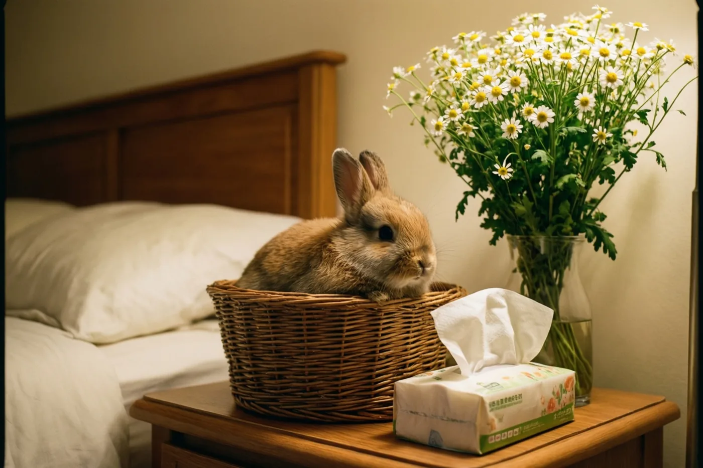 Een klein bruin konijn zit in een rieten mand op een houten nachtkastje naast een doos zakdoekjes en witte margrieten, met een houten hoofdbord en wit beddengoed op de achtergrond.
