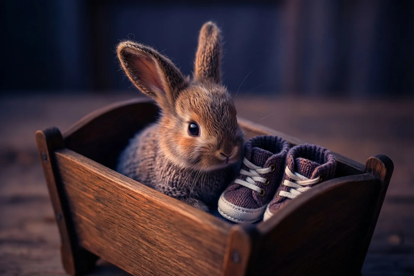 Een klein gebreid konijntje zit naast gebreide babyslofjes in een houten wieg, in zacht licht met warme bruine en gedempte paarse tinten.