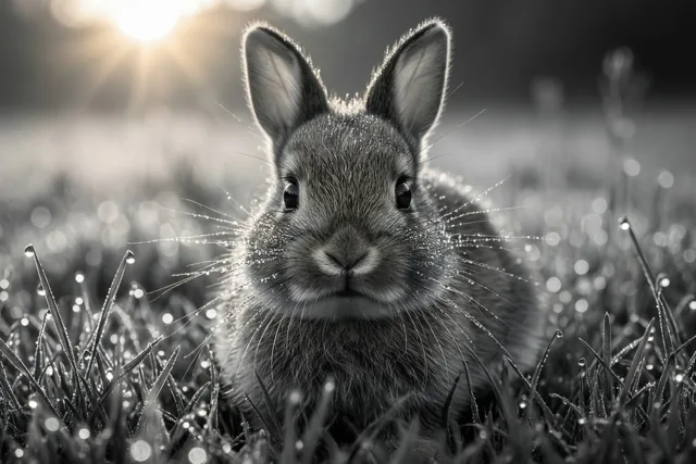 Op deze zwart-witfoto zit een jong konijntje in gras met dauwdruppels, met zonlicht dat van achteren komt.
