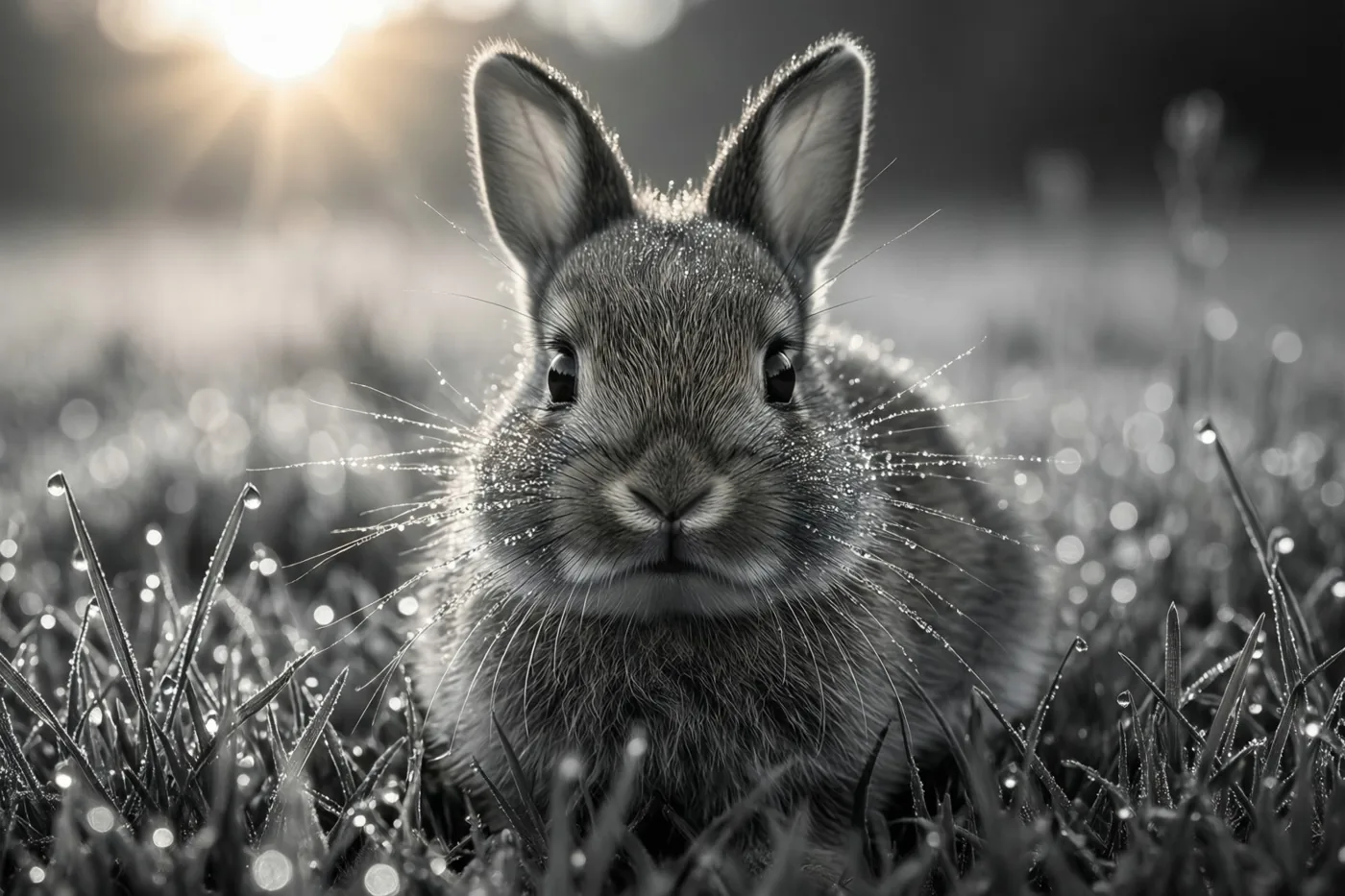 Op deze zwart-witfoto zit een jong konijntje in gras met dauwdruppels, met zonlicht dat van achteren komt.