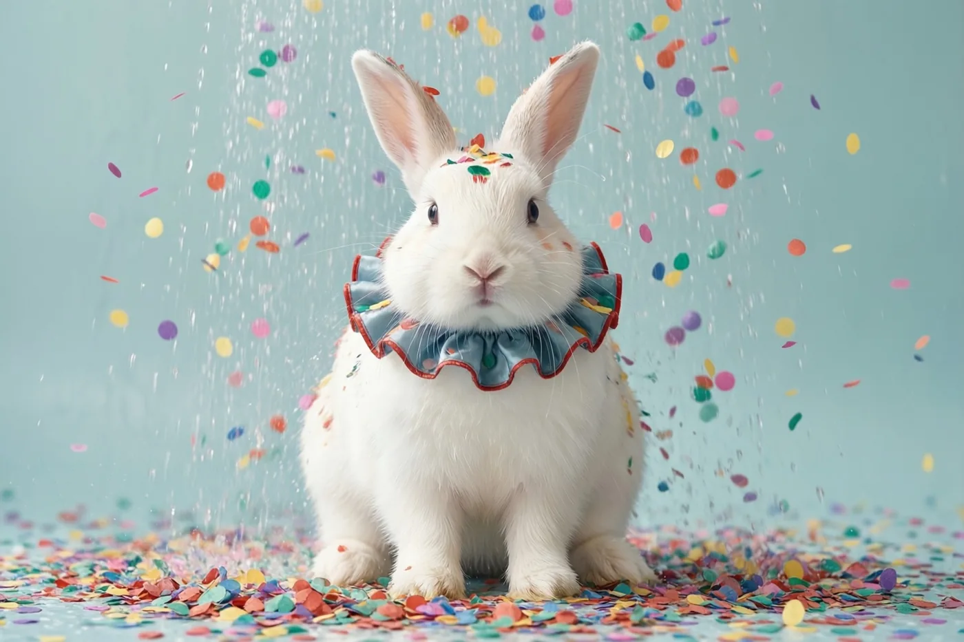Een wit konijntje met een kleine rucheskraag zit onder een regen van kleurrijke confetti tegen een lichtblauwe achtergrond.