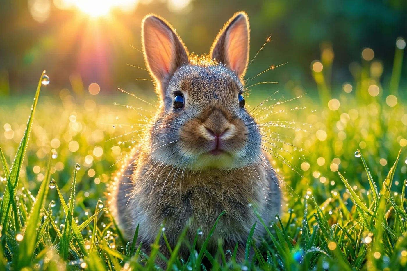 Een jong konijntje zit in felgroen gras vol dauwdruppels in het warme gouden licht van de opkomende zon.