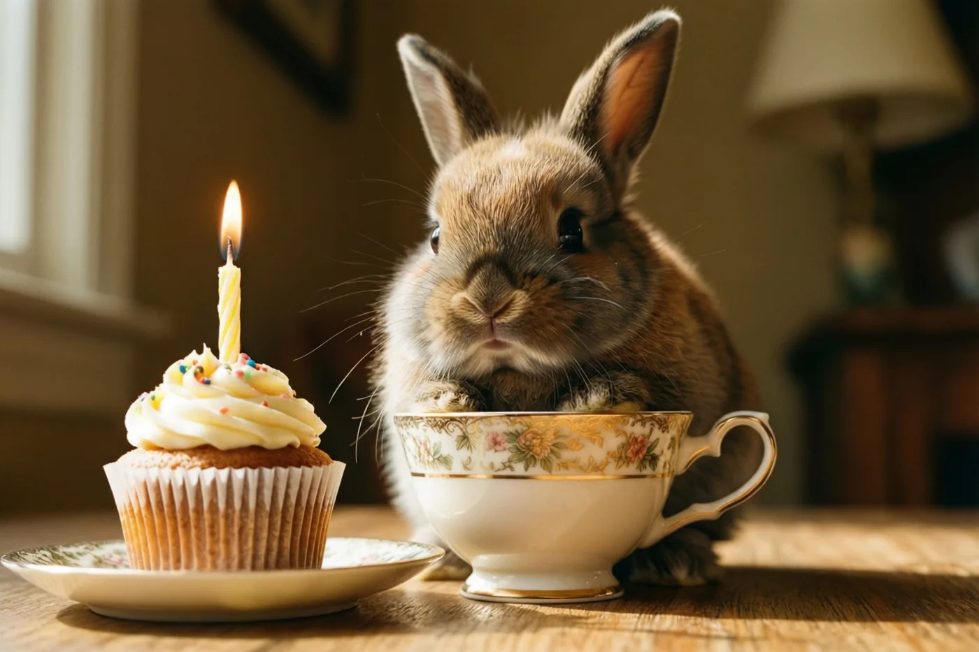 Een klein bruin konijntje zit in een sierlijk theekopje op een houten tafel naast een cupcake met één brandend kaarsje, in warm licht.