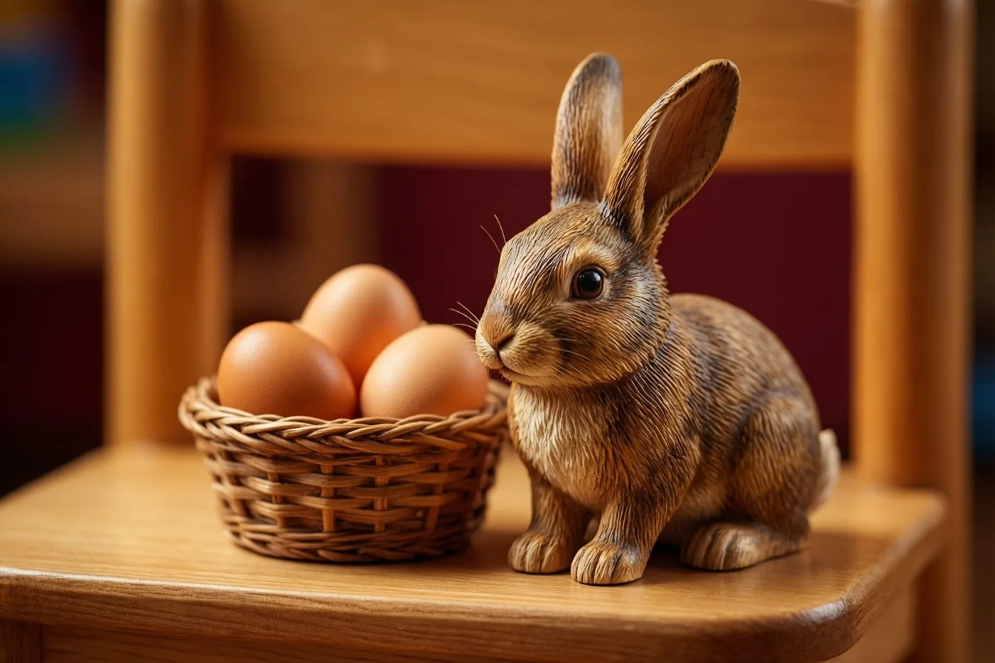 Een houten speelgoedkonijn en een rieten mandje met drie bruine eieren staan op de zitting van een houten kinderstoel.