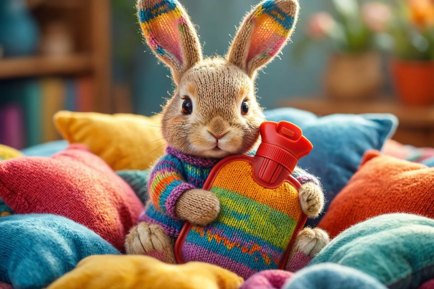 Een gebreid konijntje met een kleurrijke trui zit tussen veelkleurige zachte kussens en houdt een gebreide warmwaterkruik vast.