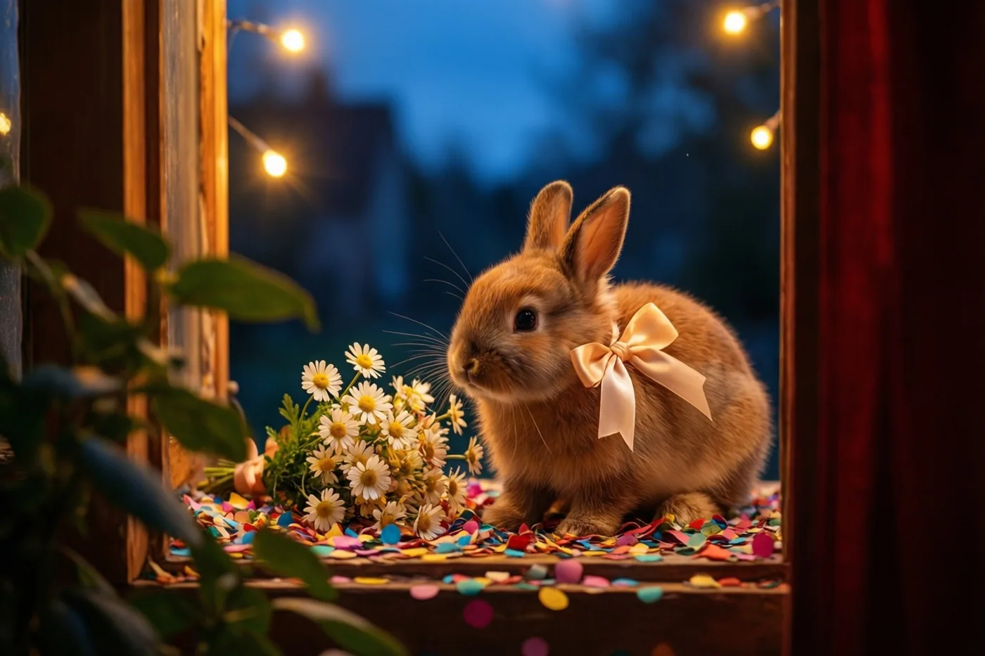 Een jong konijntje met een satijnen strik zit op een vensterbank naast een boeket margrieten en kleurrijke confetti, met een houten raam, lichtjes en een schemerblauwe lucht op de achtergrond.