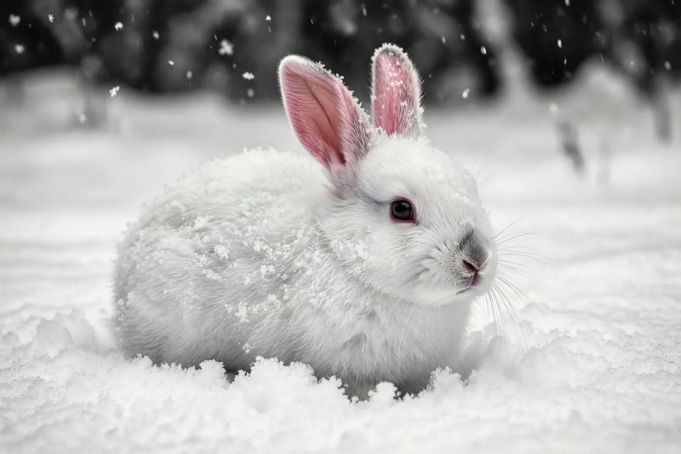 Een wit jong konijntje met roze oren ligt in verse sneeuw met sneeuwvlokken op zijn pluizige vacht, tegen een onscherpe sneeuwachtergrond.