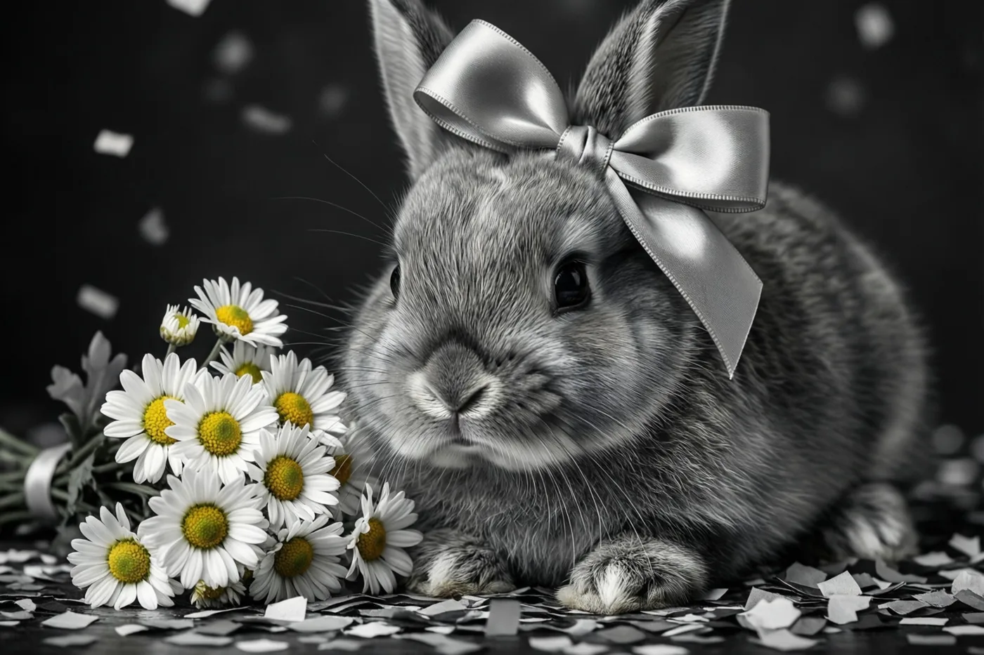 Een jong konijntje met een zilveren satijnen strik op zijn hoofd zit naast margrieten en confetti tegen een donkere achtergrond, in een monochroom beeld waarin de gele bloemhartjes opvallen.