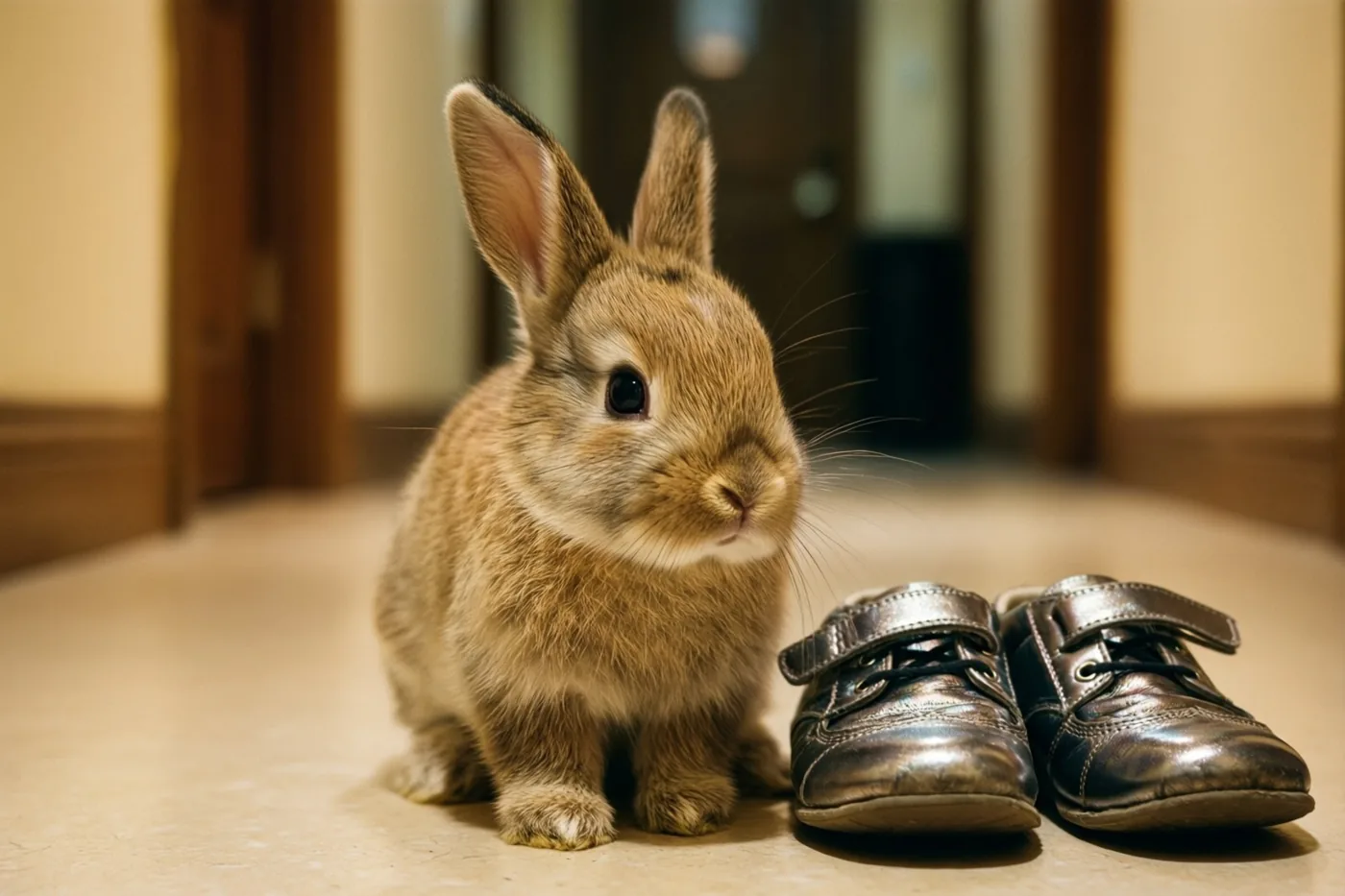 Een jong bruin konijntje zit op een lichte vloer naast glanzende donkerbruine kinderschoenen in een warm verlichte gang met houten deuren.