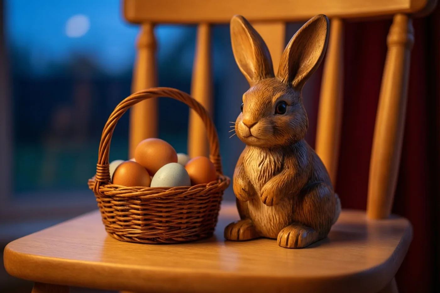 Een uit hout gesneden konijntje zit naast een rieten mand met gekleurde eieren op een houten kinderstoel in warm licht.
