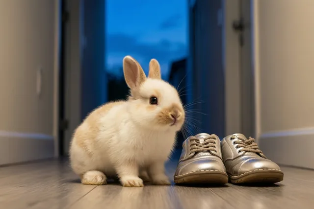 Een pluizig jong konijn met witte en lichtbruine vacht zit op een houten vloer naast glanzende zilveren kinderschoenen, met een blauwe schemerlucht zichtbaar door de deuropening.
