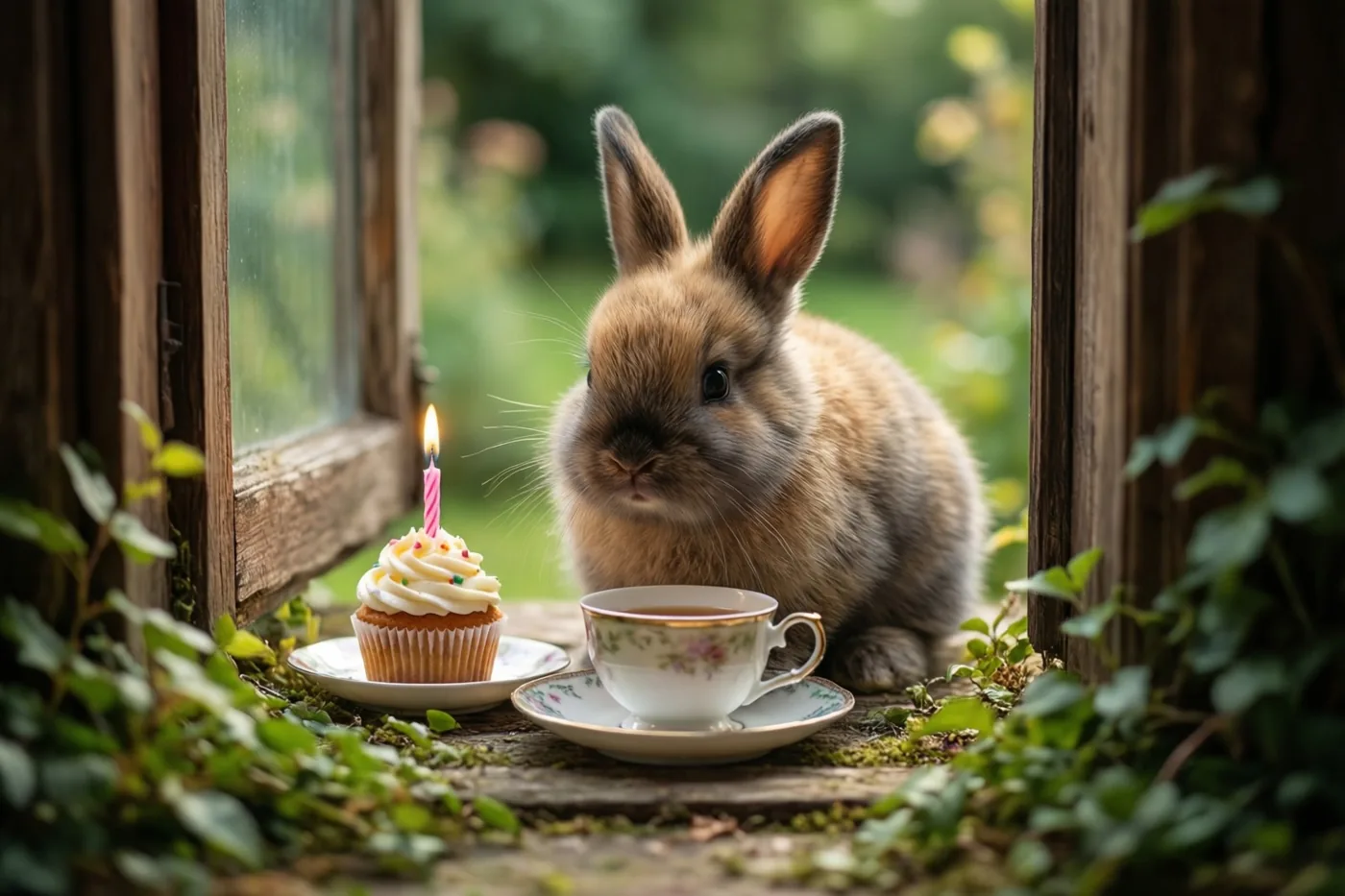Een klein bruin konijntje zit op een houten vensterbank naast een cupcake met een brandend kaarsje en een theekopje, met groen zichtbaar door het raam.