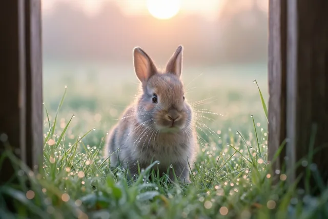 Een jong konijntje zit tussen houten palen in groen gras met glinsterende dauwdruppels, in het zachte licht van de opkomende zon.