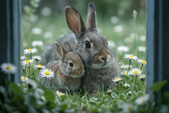 Bij mama in het gras