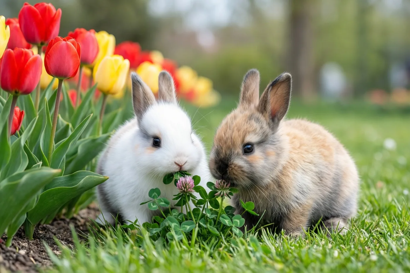 Twee jonge konijnen knabbelen aan klaver in een groen gazon naast een border met rode en gele tulpen.