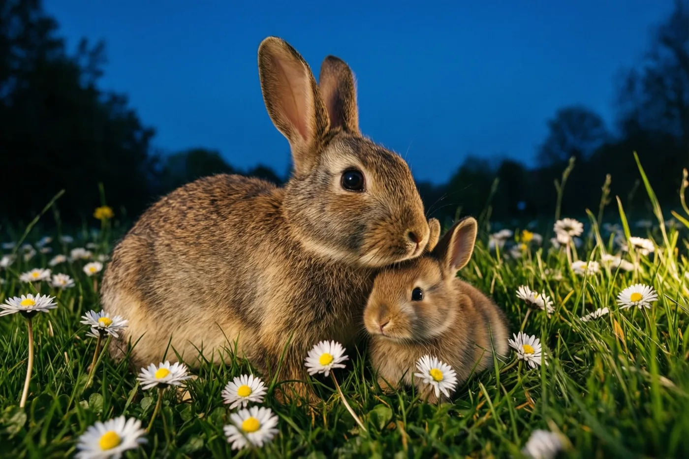 Een moederkonijn en haar jong liggen dicht tegen elkaar in groen gras met witte madeliefjes onder een diepblauwe avondlucht.