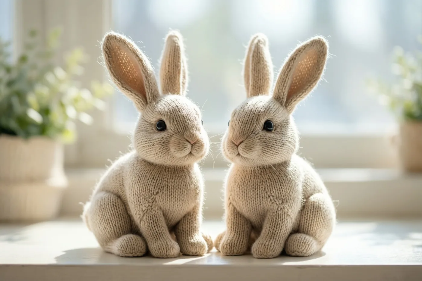 Twee identieke gebreide konijntjes zitten op een lichte plank in zacht daglicht van een raam, in beige en crèmetinten.