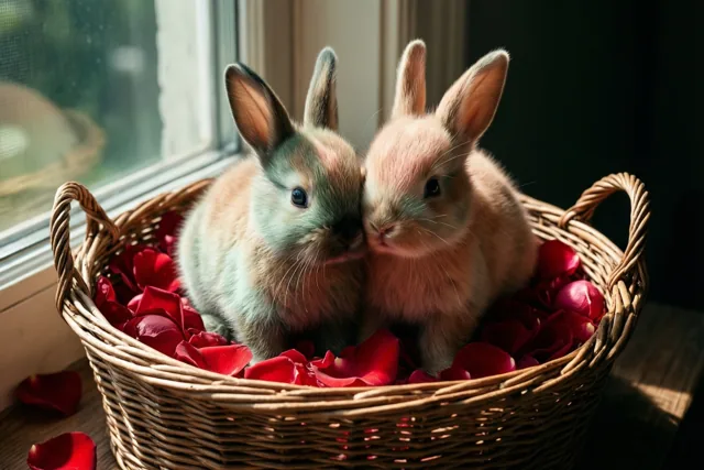 Konijnenknuffels tussen de rozenblaadjes