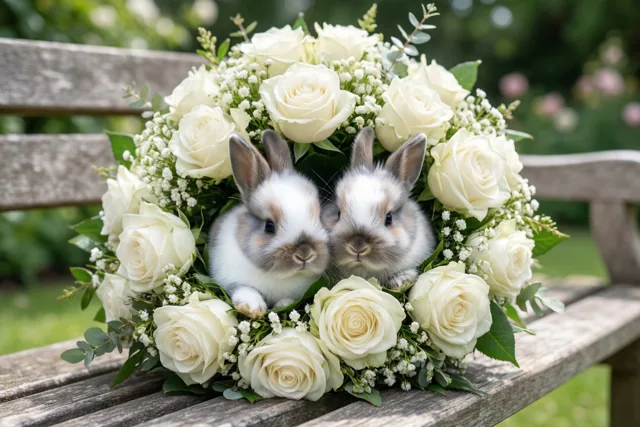 Konijnenliefde tussen de bruidsrozen