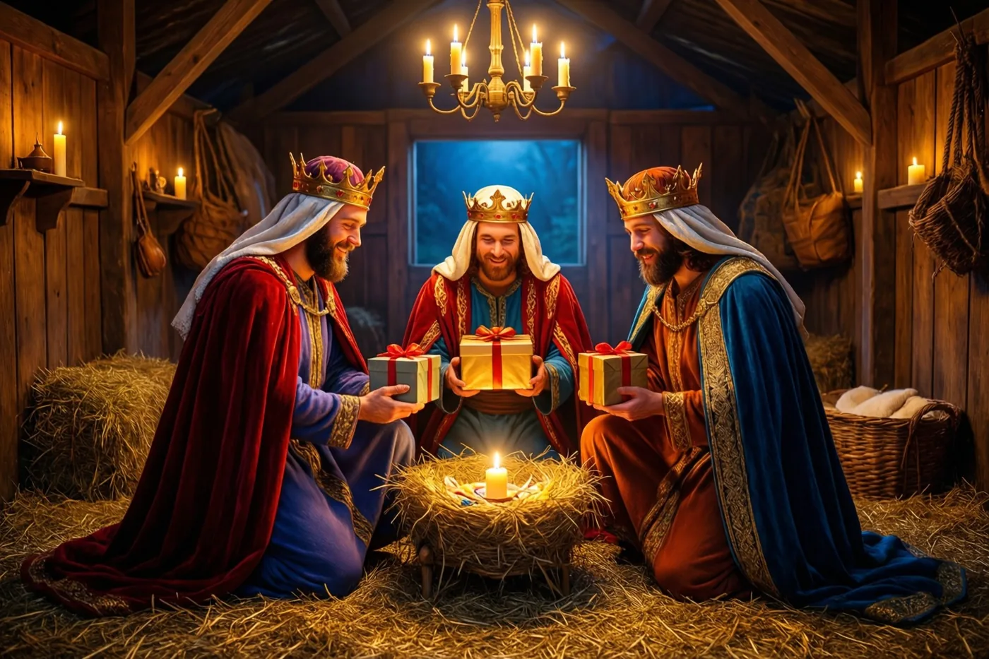 Drie koningen in koninklijke gewaden knielen in een stal bij kaarslicht en bieden geschenken aan een baby in een kribbe aan, in warme gouden en rode tinten.