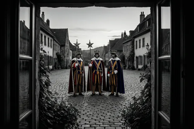 Door een raam zijn drie als koningen verklede figuren te zien op een gekasseide dorpsstraat, elk met een staf met een ster, in gedempte kleuren.