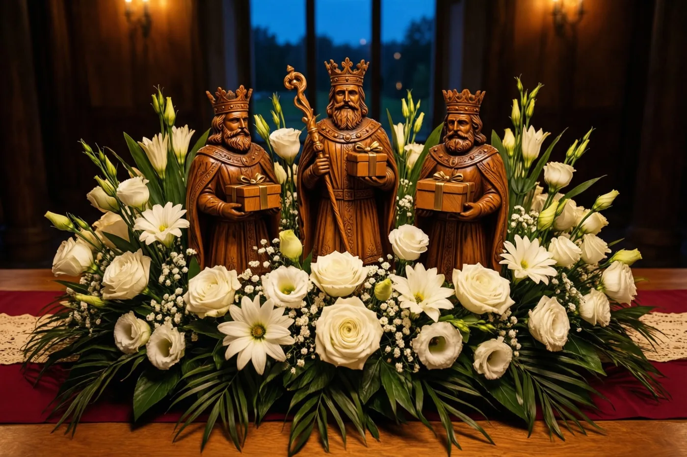Drie gesneden houten koningen met geschenken staan in een tafelstuk met witte bloemen en groen, in een warm verlichte kamer met schemering achter het raam.