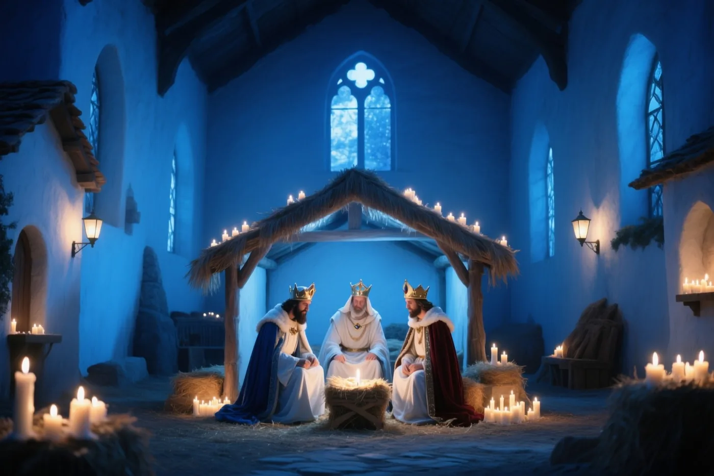 Drie koningen met kronen en koninklijke gewaden zitten rond een kribbe onder een rieten afdak in een kerk met blauwe muren, boogramen en veel brandende kaarsen.