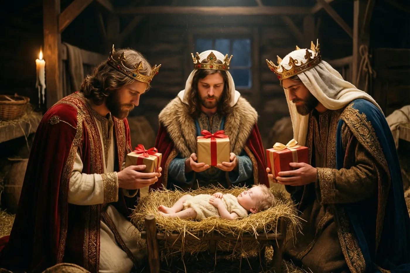 Drie koningen in koninklijke kledij knielen met ingepakte geschenken met linten voor een baby in een kribbe, in een houten stal verlicht door één kaars.