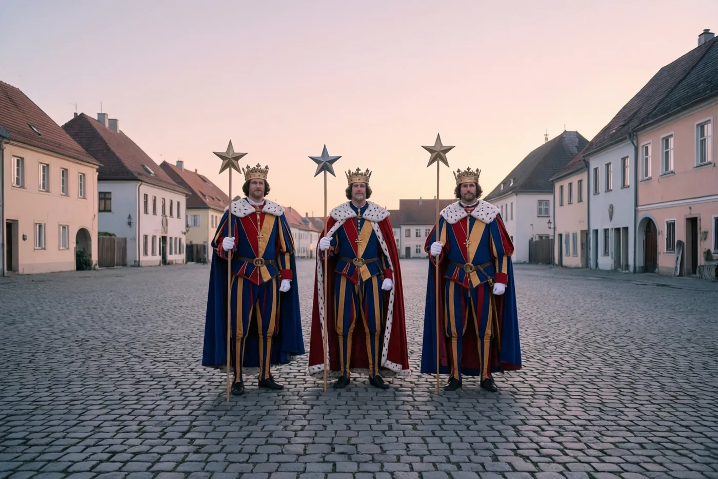 Drie mannen verkleed als koningen staan bij valavond op een gekasseid dorpsplein tussen pastelkleurige gebouwen en houden elk een staf met een ster vast.