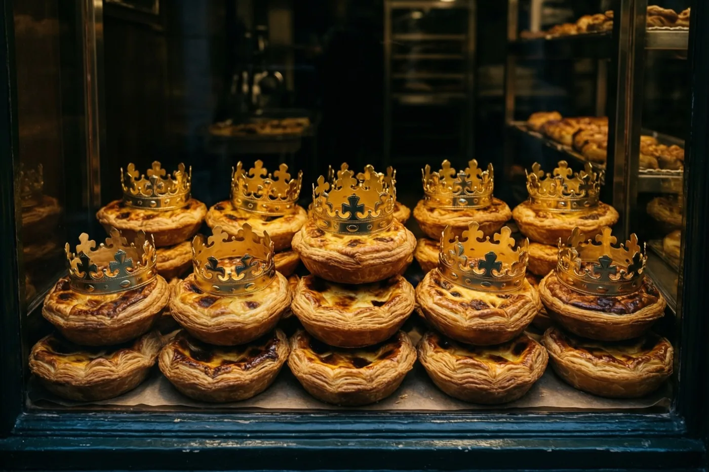 Een warm verlichte bakkersvitrine met een donkerblauwe houten onderrand staat vol goudbruine koningentaarten met gouden papieren kronen, met een schemerig bakkersinterieur op de achtergrond.