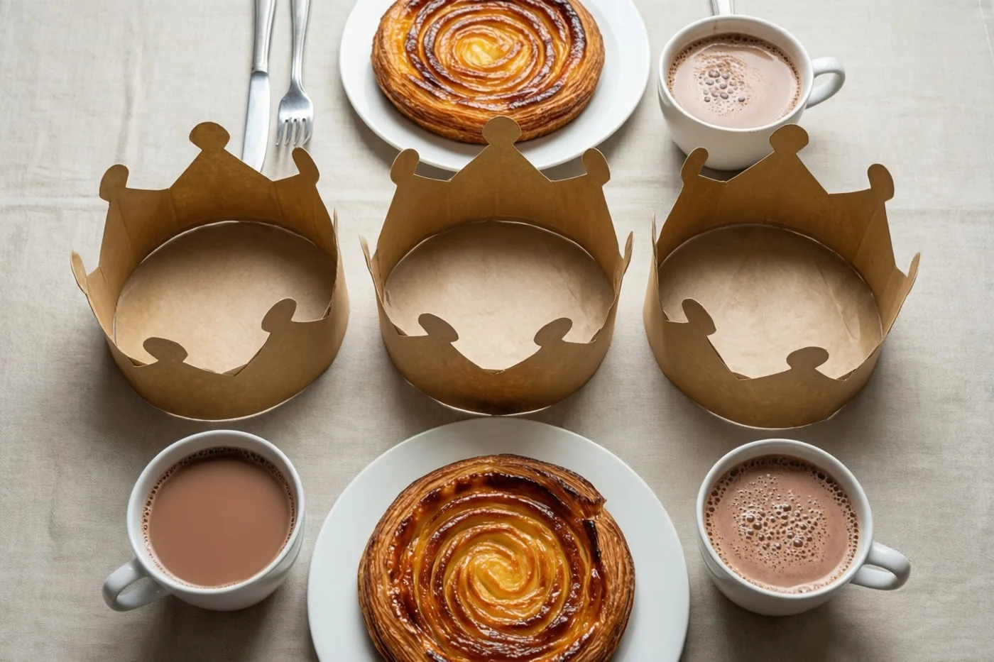 Drie papieren kronen liggen bij warme chocolademelk en twee koningentaartjes op een beige linnen tafelkleed met bestek.