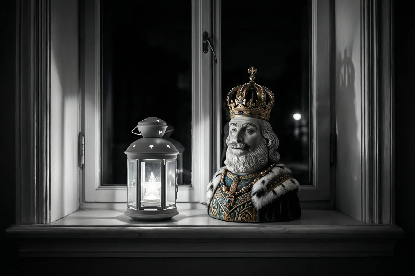 Een koninklijk beeldje met een kroon en een met bont afgewerkte mantel zit 's nachts naast een lichtgevende sterlantaarn op een vensterbank.